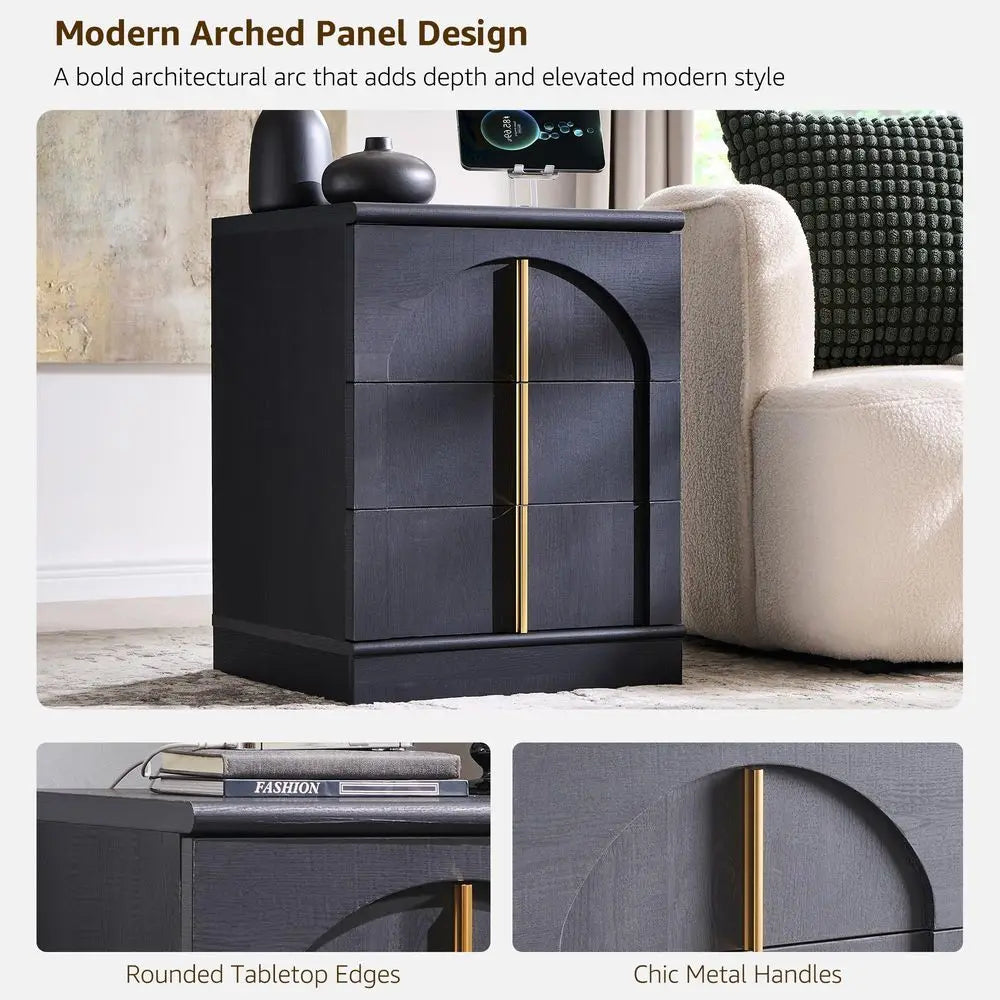 XMSJ Arched Nightstand Set with Charging Station and Three Drawers