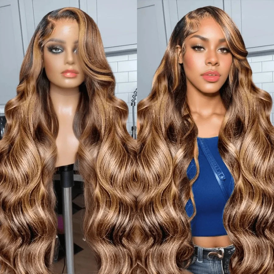 34 Inch Highlight 4 27 Colored Body Wave 13x4 Transparent Lace Frontal Wig Brazilian Pre Plucked With Baby Hair Honey Blonde Wig