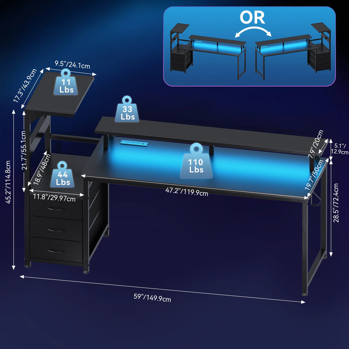 JHK Gaming Desk With Drawers LED Lights And Power Outlets
