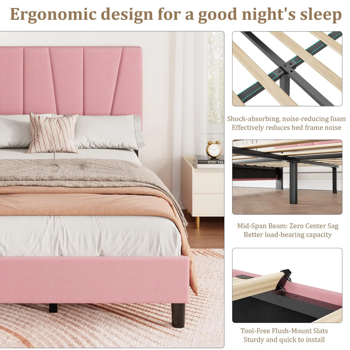 Upholstered Platform Bed Frame With Adjustable Channel Tufted Headboard