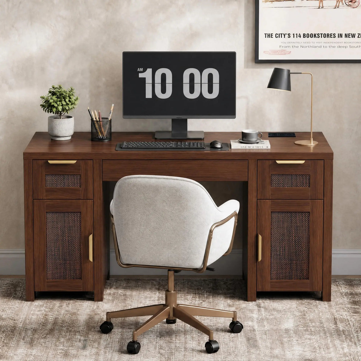 HiMISS Modern Wooden Office Desk With Drawers And Cabinet Storage