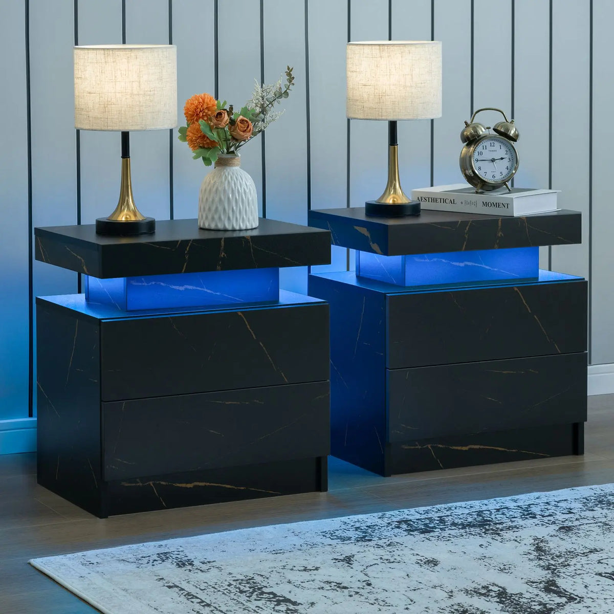 Cubehom Nightstand Set Of 2 With LED Drawers And Lighting