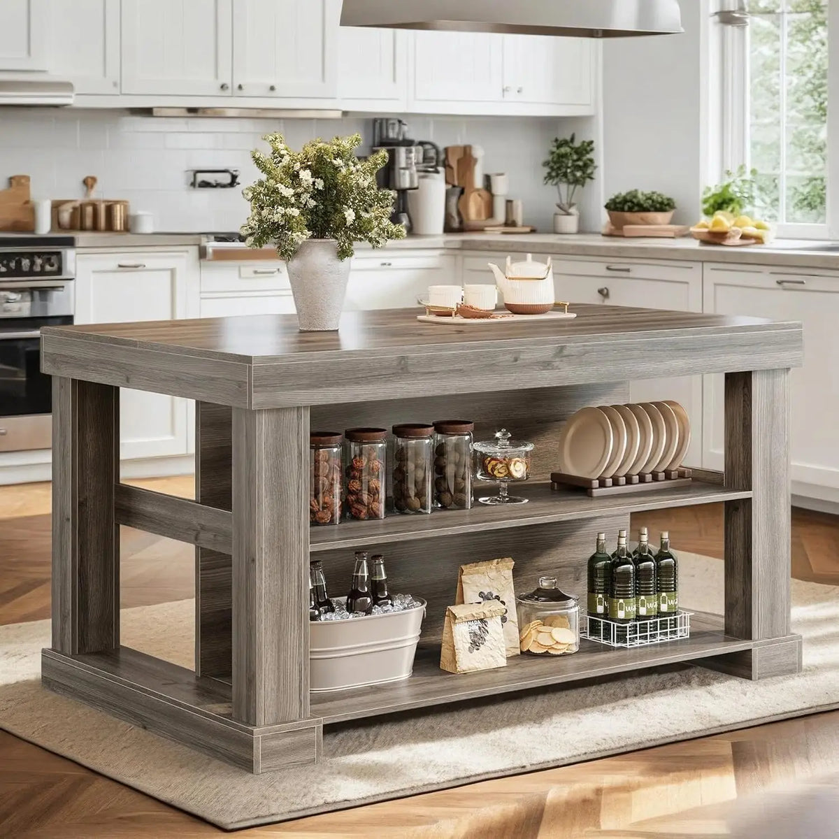 Kitchen Island Table With Large Countertop And 3 Tier Storage