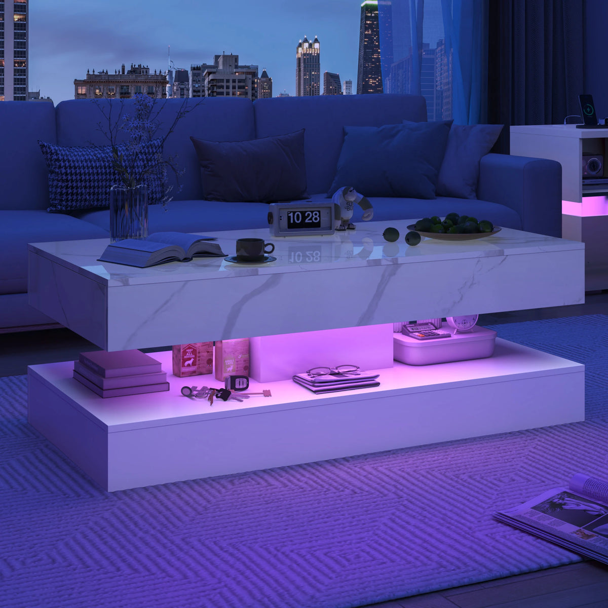 QiaoShiRen Modern LED Coffee Table with Double Layer Storage