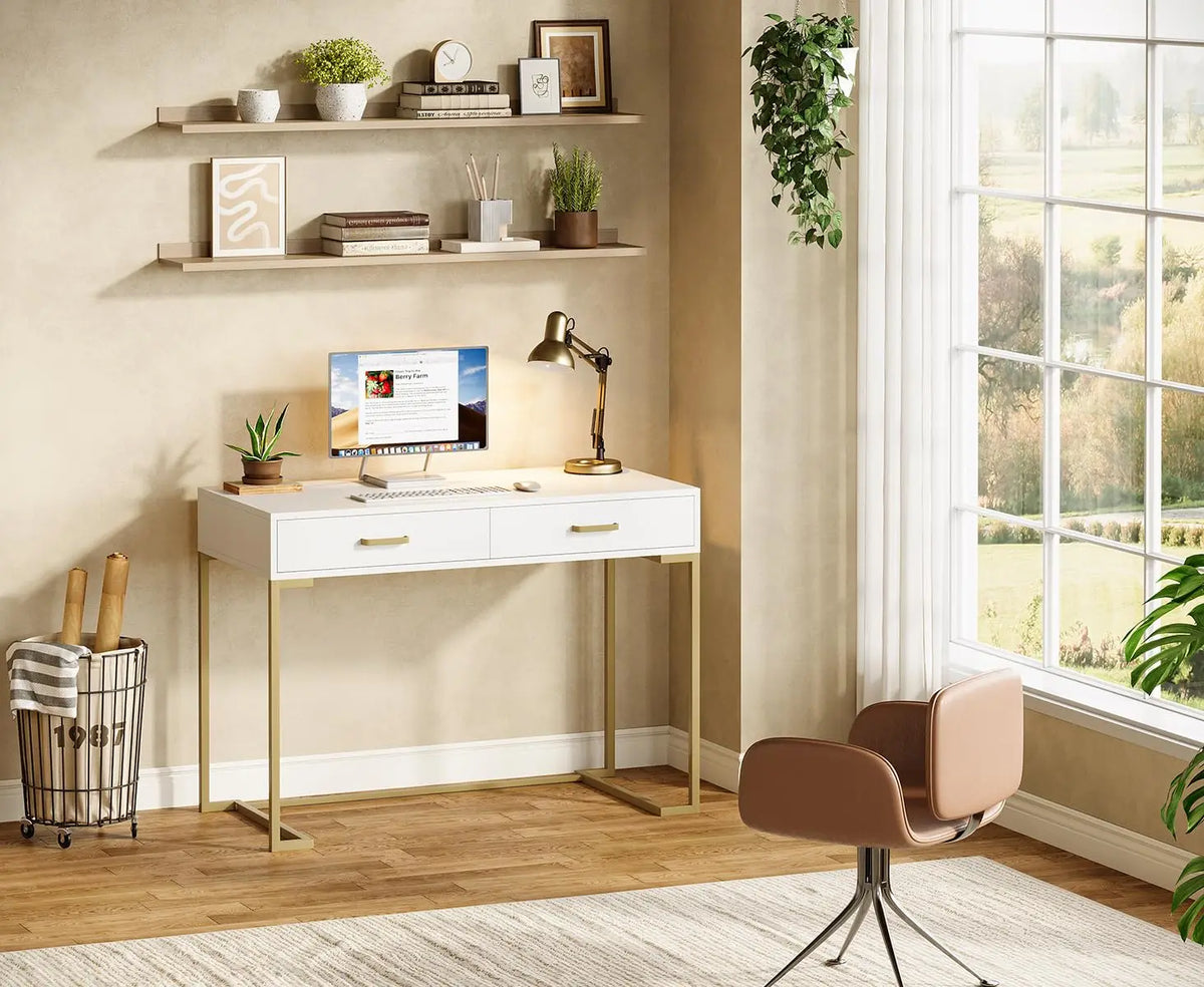 White & Gold Modern Computer Desk with 2 Drawers for Home Office Bedroom Small Space, Customized