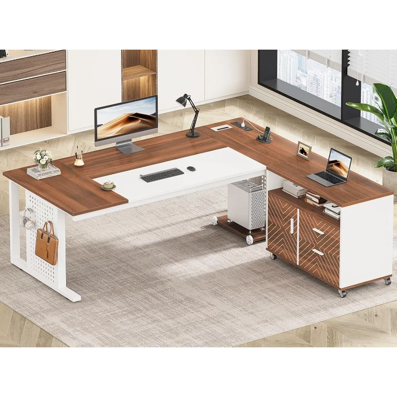 Cavandon Modern Executive Office Desk With Rolling File Cabinet