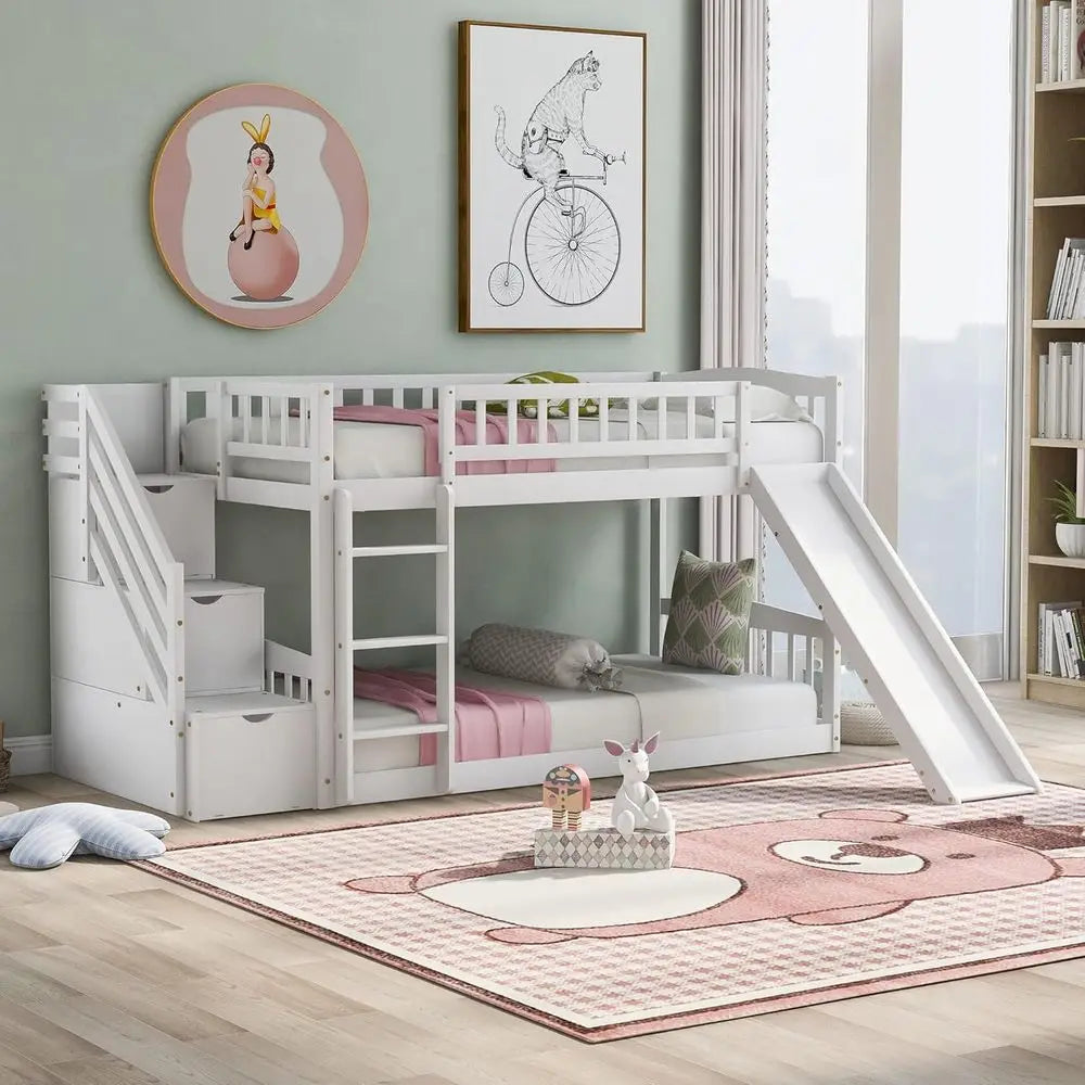 Lism Twin Over Twin Bunk Bed With Slide And Storage For Kids