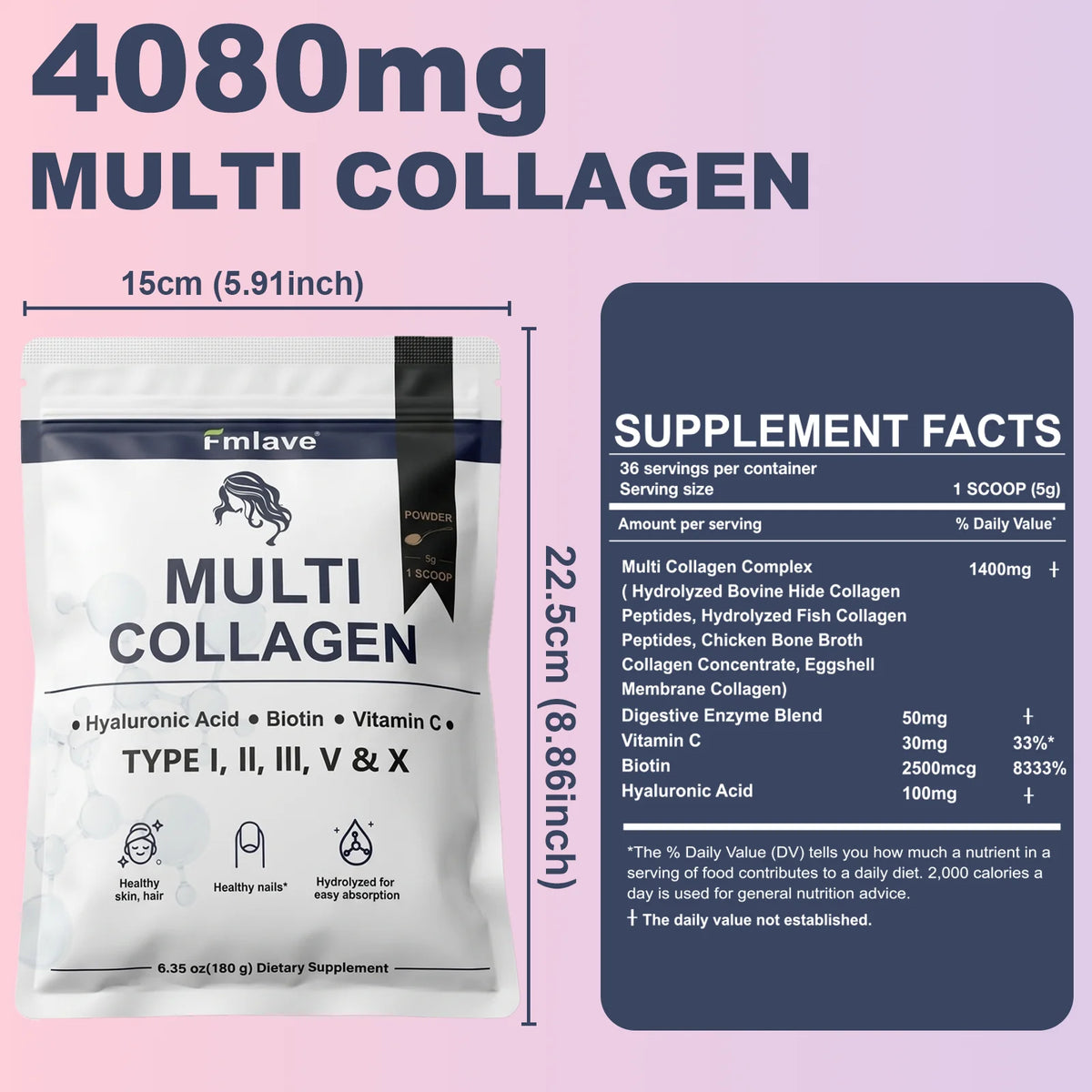 FMLAVE Multi Collagen Peptides Powder With Biotin And Hyaluronic Acid Unflavored