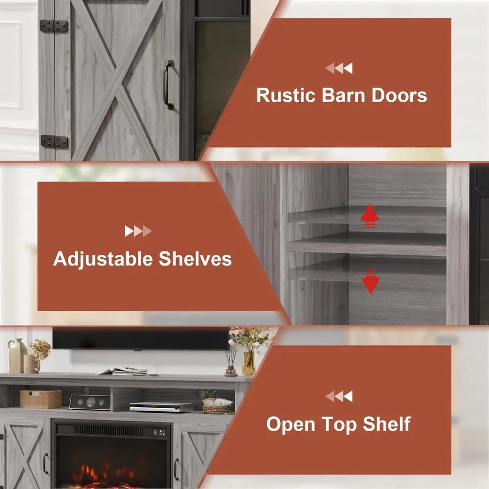 XMSJ Farmhouse Fireplace TV Stand with Open Storage and Cabinets