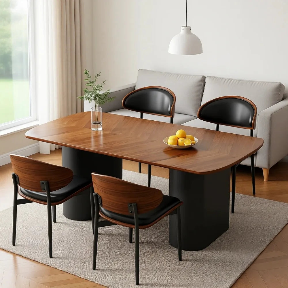 Mid-Century Upholstered Dining Chairs, Set of 4, Walnut Bentwood, Metal Legs, Adjustable Feet, Kitchen-Dining Room, Black