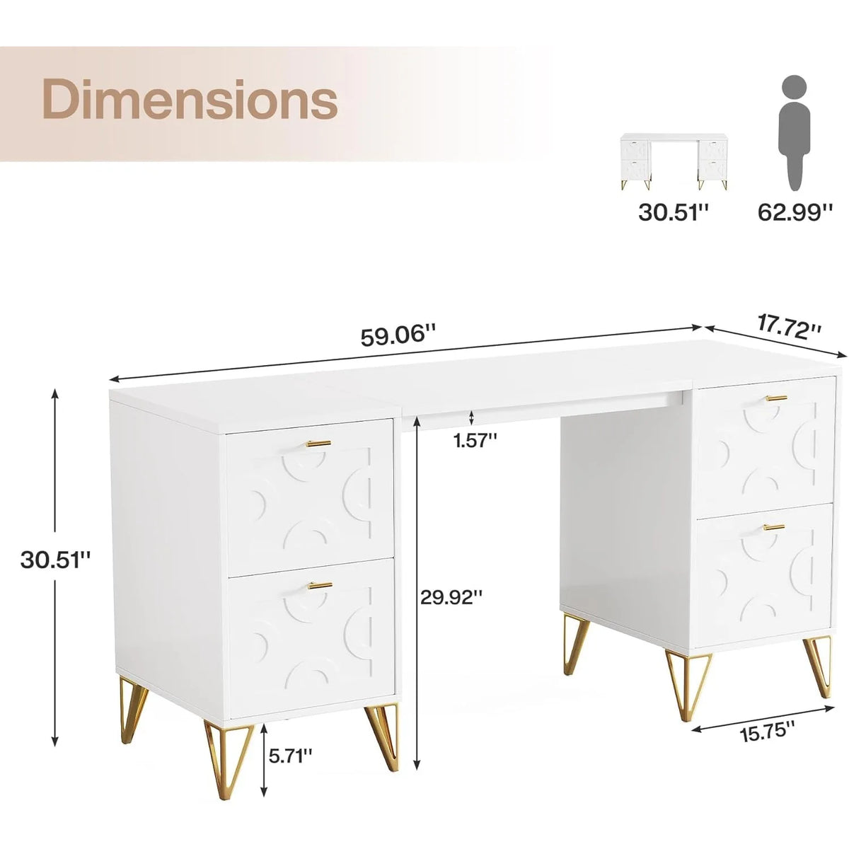White Luxury Executive Desk 59 with Four File Drawers Modern Gold Trim Elegant Office Table for Home Study