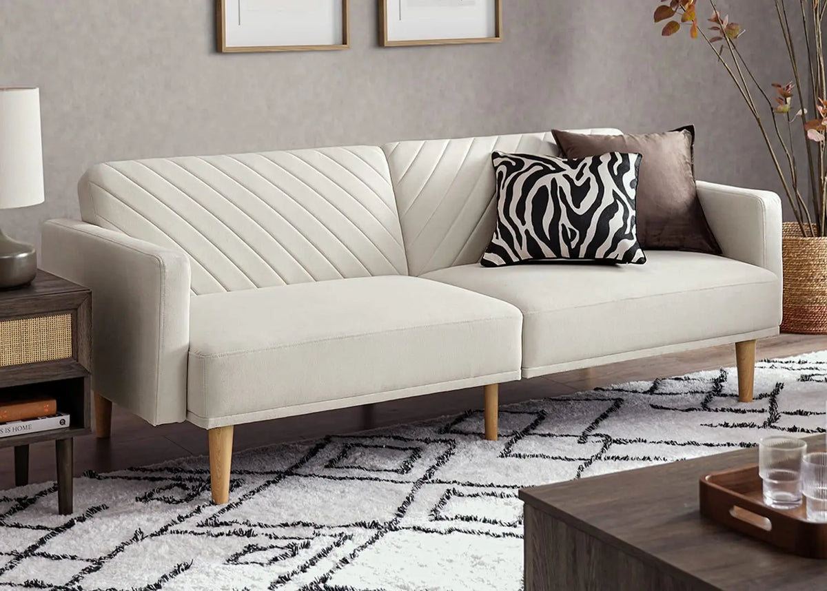 mopio 76.4" Mid Century Futon Sofa Bed PU Leather Loveseat Living Room Pecan Brown