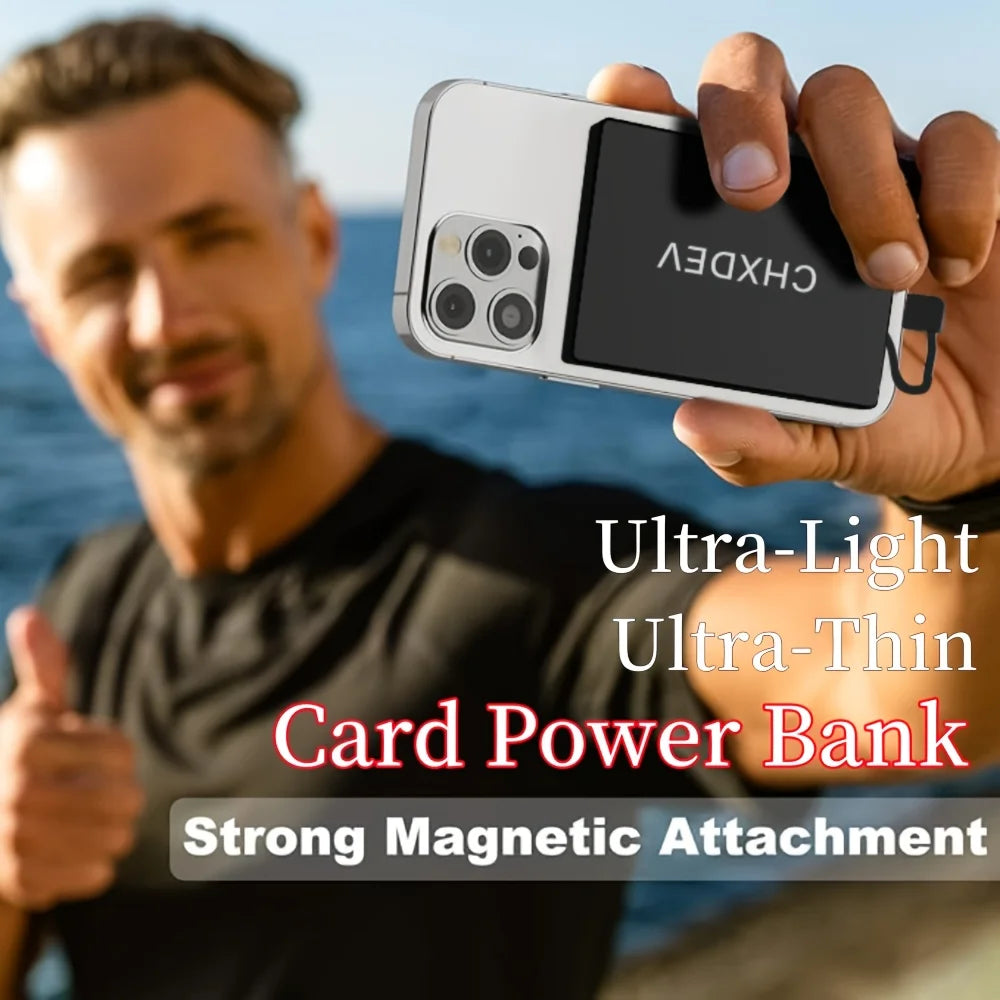 10000/5000mAh magnetic power bank, ultra-thin mini power bank, portable charger, supports fast charging, comes with data cable, available in black, white, and blue.