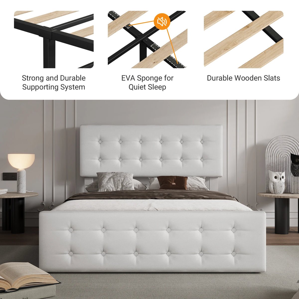 Upholstered Platform Bed Frame With Tufted Headboard And Storage Drawers