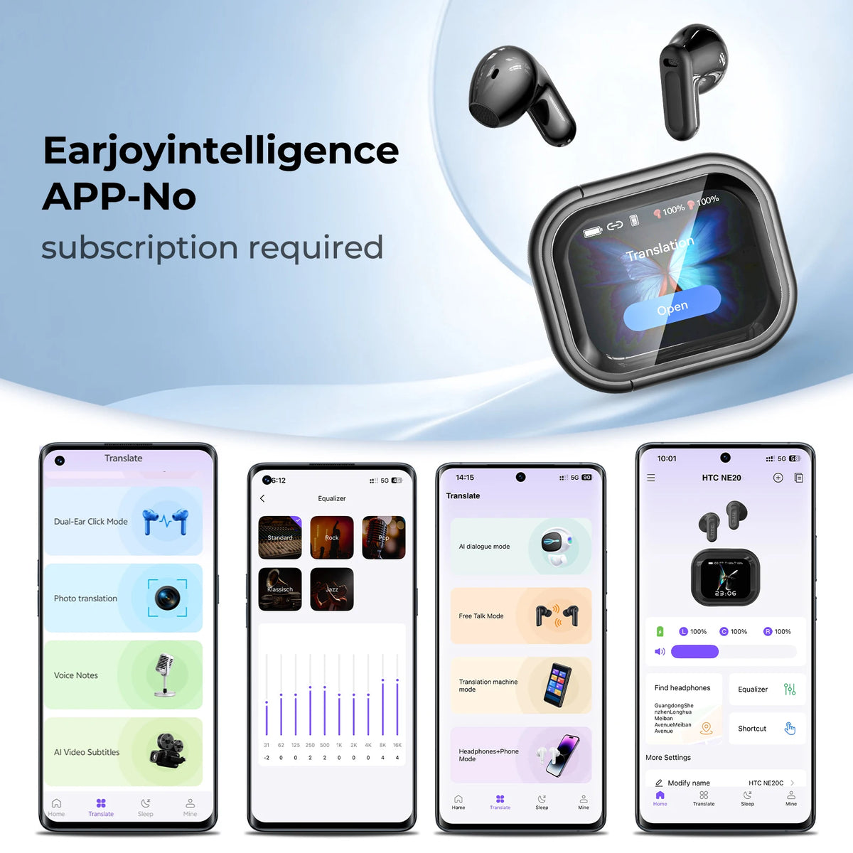 HTC NE20 Wireless Earphones Active Noise Cancelling 32dB ANC Bluetooth Headset HiFi Stereo Bass Sound LED Digital Touch Control Screen Smart Display Music Playback Volume Adjustment Low Latency Gaming Earbuds Waterproof IPX4