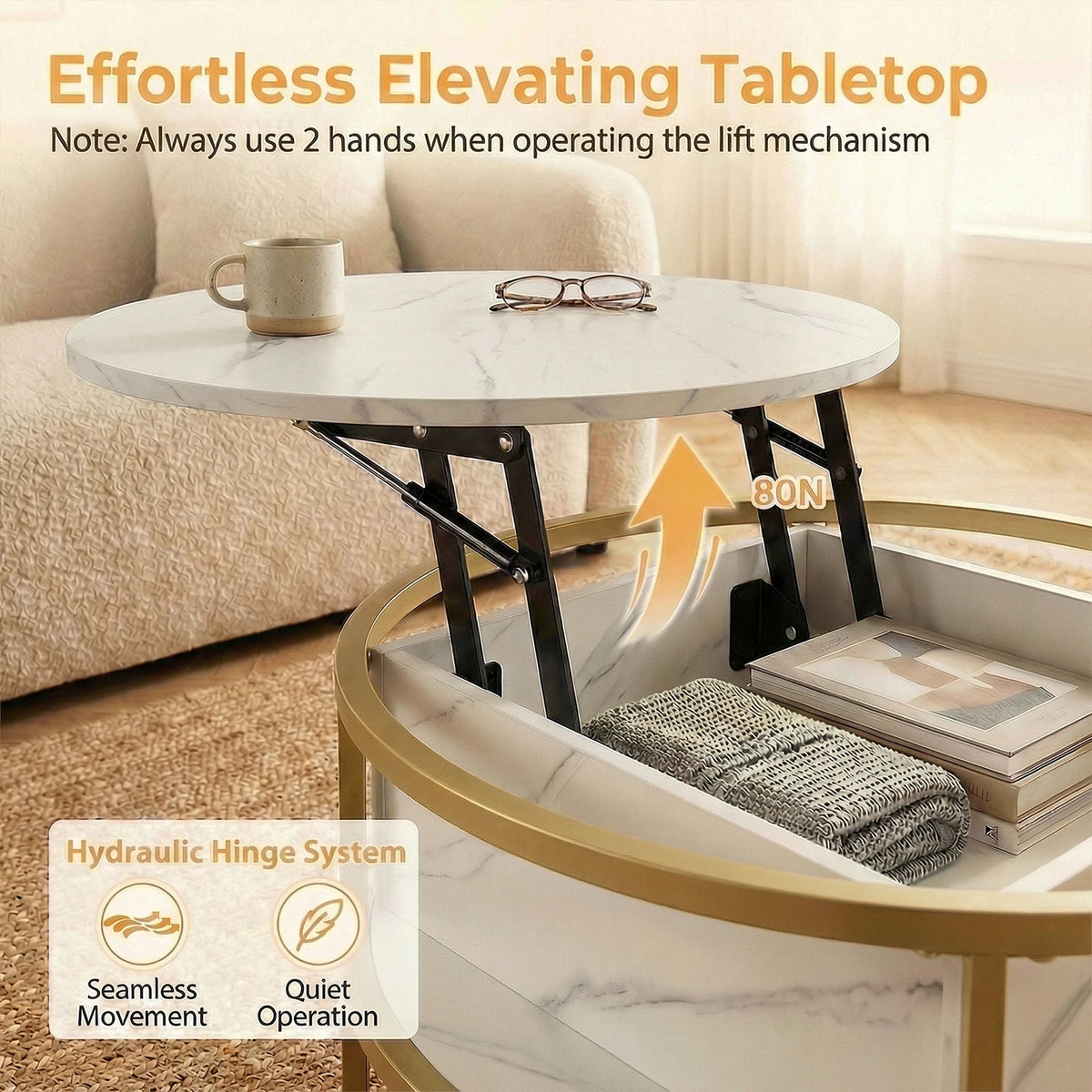 31. 5” Lift Top Coffee Table w/ Hidden Compartment & Side Shelves for Living Room