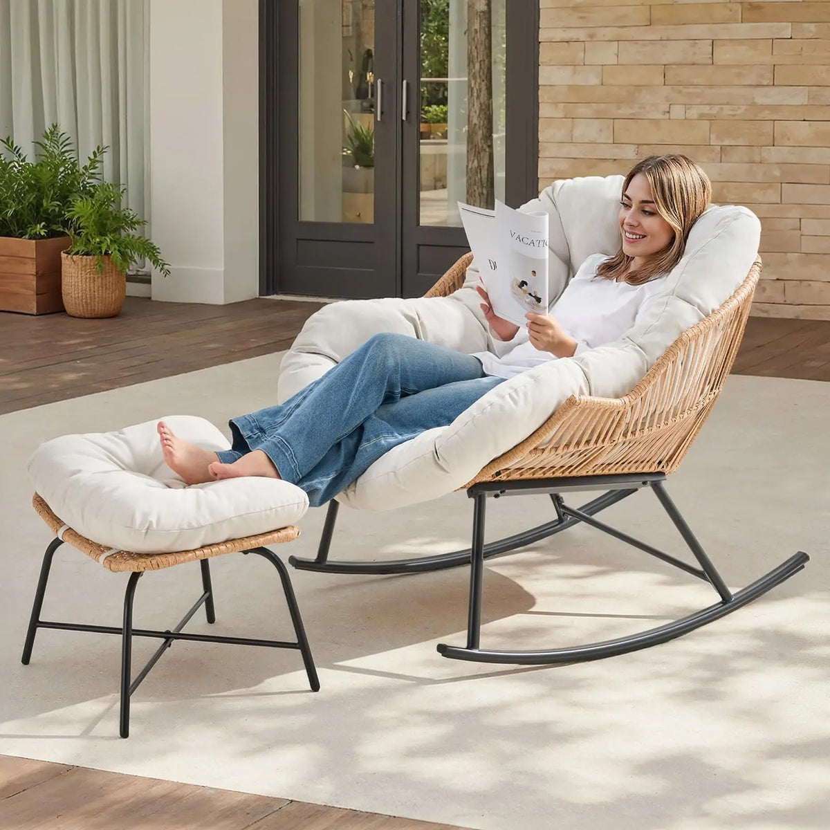 ONBRILL Rattan Papasan Rocking Chair With Ottoman Indoor Outdoor Lounge