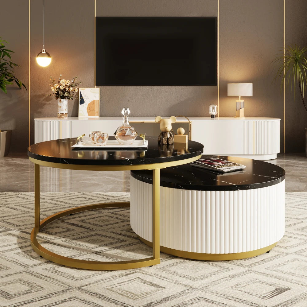 Modern Round Fluted Nesting Coffee Table With Storage Drawer