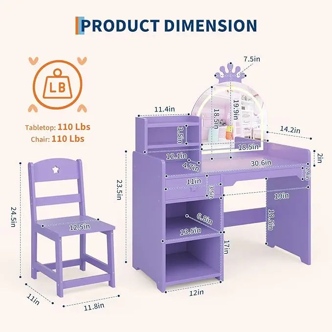 HiMISS Kids Vanity Desk Set With Lights Chair And Bookshelf