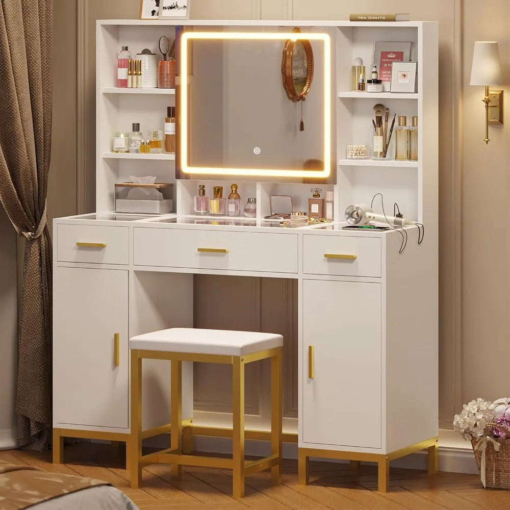 Vanity Desk With Lighted Mirror, Glass Top And Charging Station