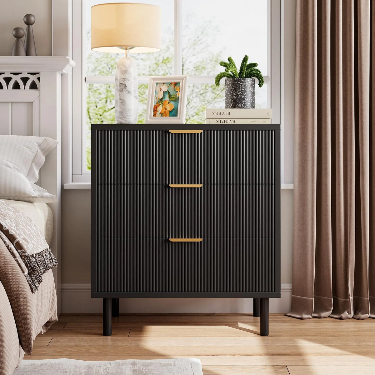 GAOMON Fluted Wooden Chest of Drawers with Metal Legs
