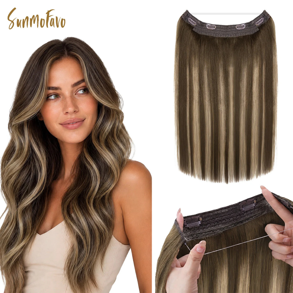 Sunmofavo Wire in Hair Extensions, Real Human Fish Line Hair Strands with 4 Clips,Easy and Quick Application for Starters to Add Hair Volume,  Chocolate Golden Brown Ombre, Free for Dyeing and Heat Styling, Create Perfect Hai