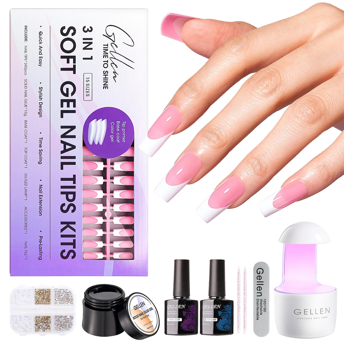GELLEN Gel Nail Kit With Press On Nails French Tip UV Lamp