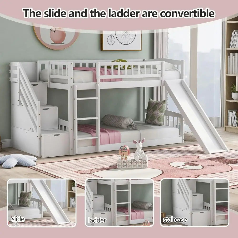 Lism Twin Over Twin Bunk Bed With Slide And Storage For Kids