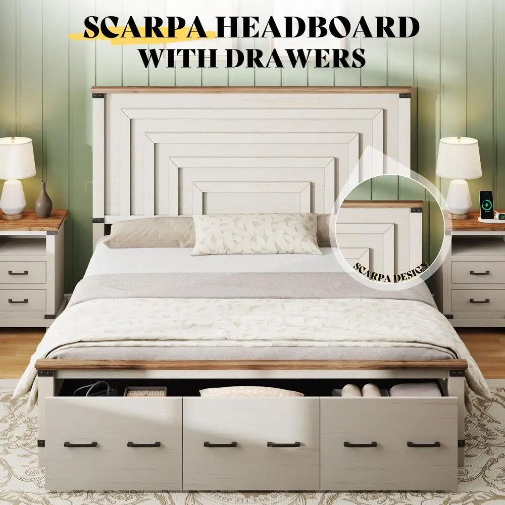 XMSJ Farmhouse Platform Bed Frame With Geometric Headboard And Storage