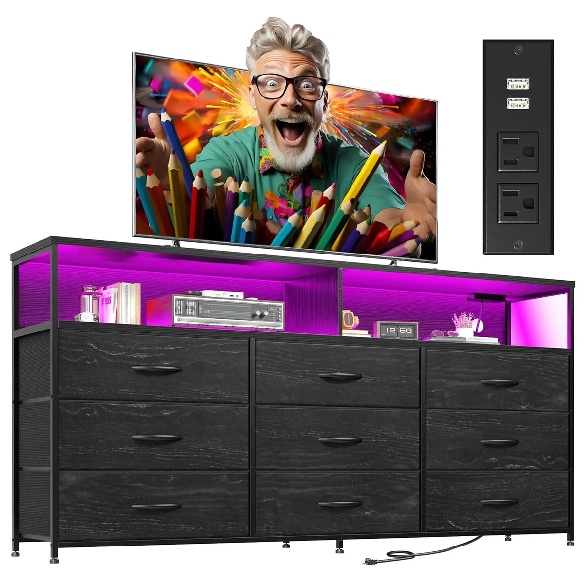 TV Stand Dresser With Charging Station And LED Nine Drawers