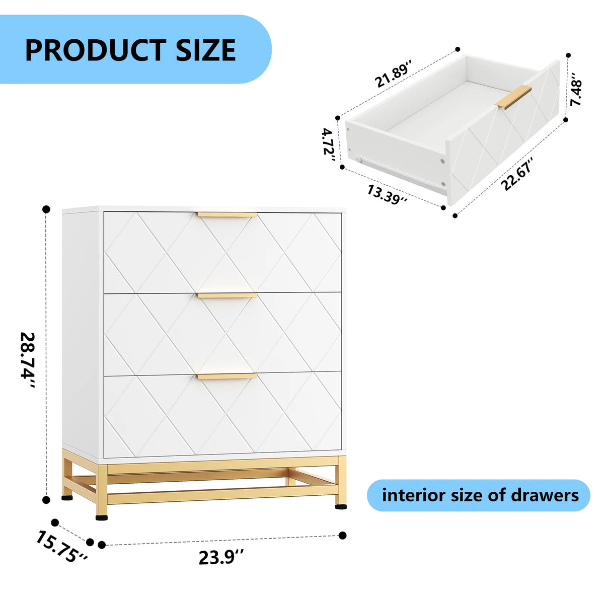 GAOMON Modern Three Drawer Dresser Chest For Bedroom Storage