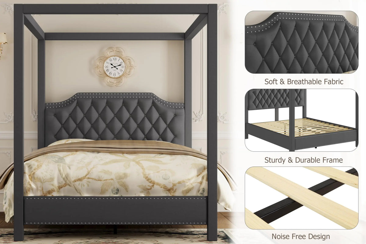GAOMON Upholstered Four Poster Canopy Platform Bed With Tufted Headboard