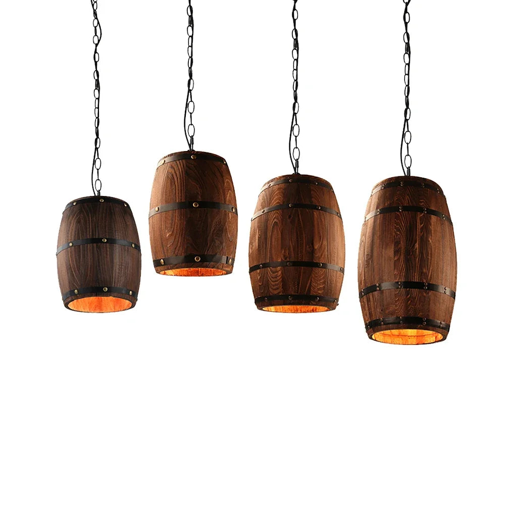 Retro Wood Wine Barrel Pendant Light For Dining Room