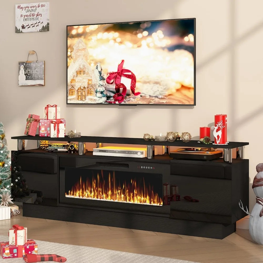 Modern Wood Electric Fireplace TV Stand Entertainment Center LED Lighting