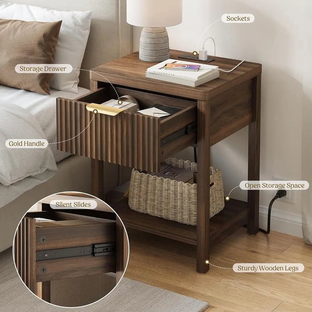 LISM Fluted Wood Nightstand With Charging Station And Storage Drawer