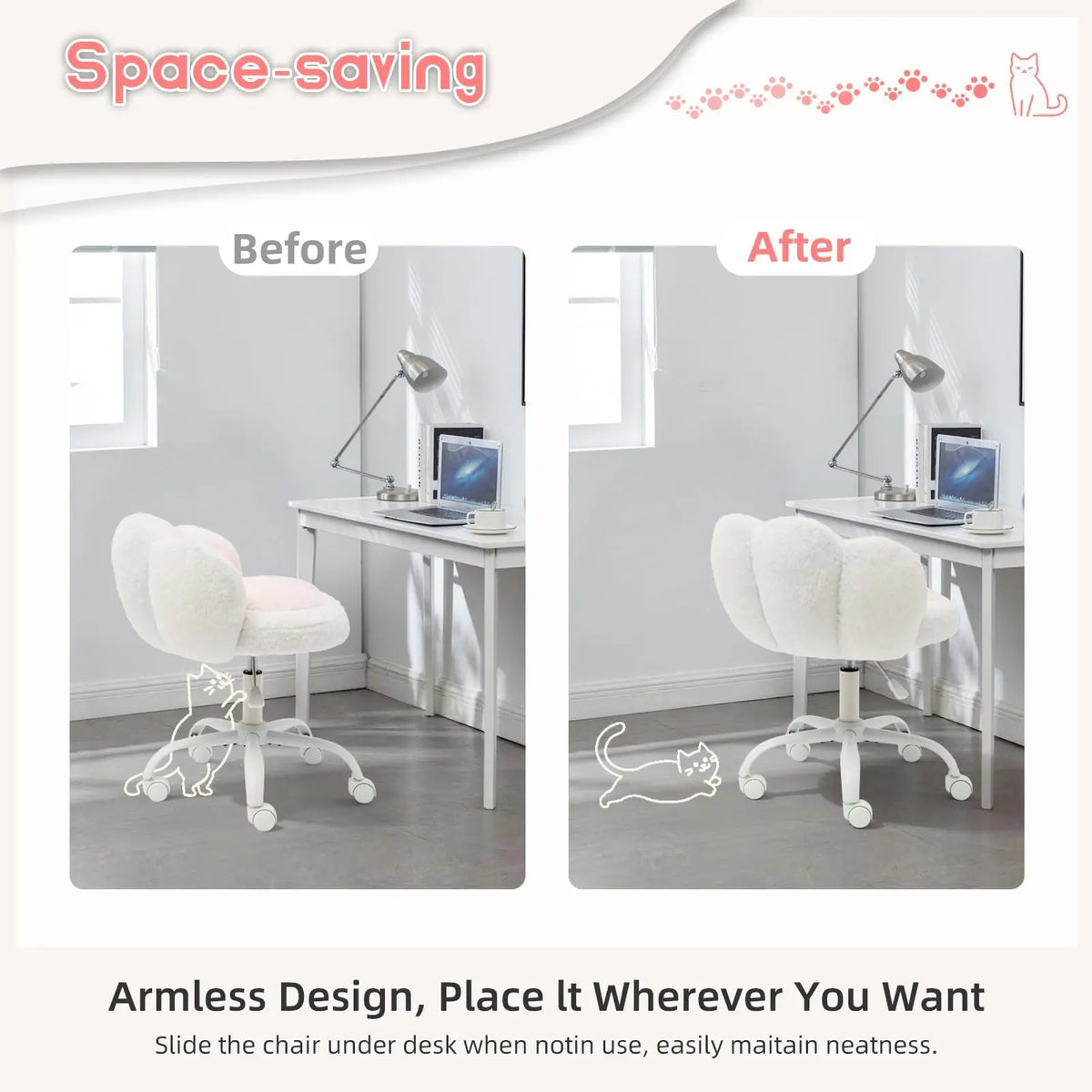 Cute Vanity Chair With Wheels, Armless Teddy Desk Chair With Paw Back, Height Adjustable Swivel Chair For Small Space Bedroom