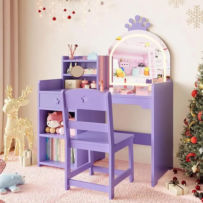 HiMISS Kids Vanity Desk Set With Lights Chair And Bookshelf