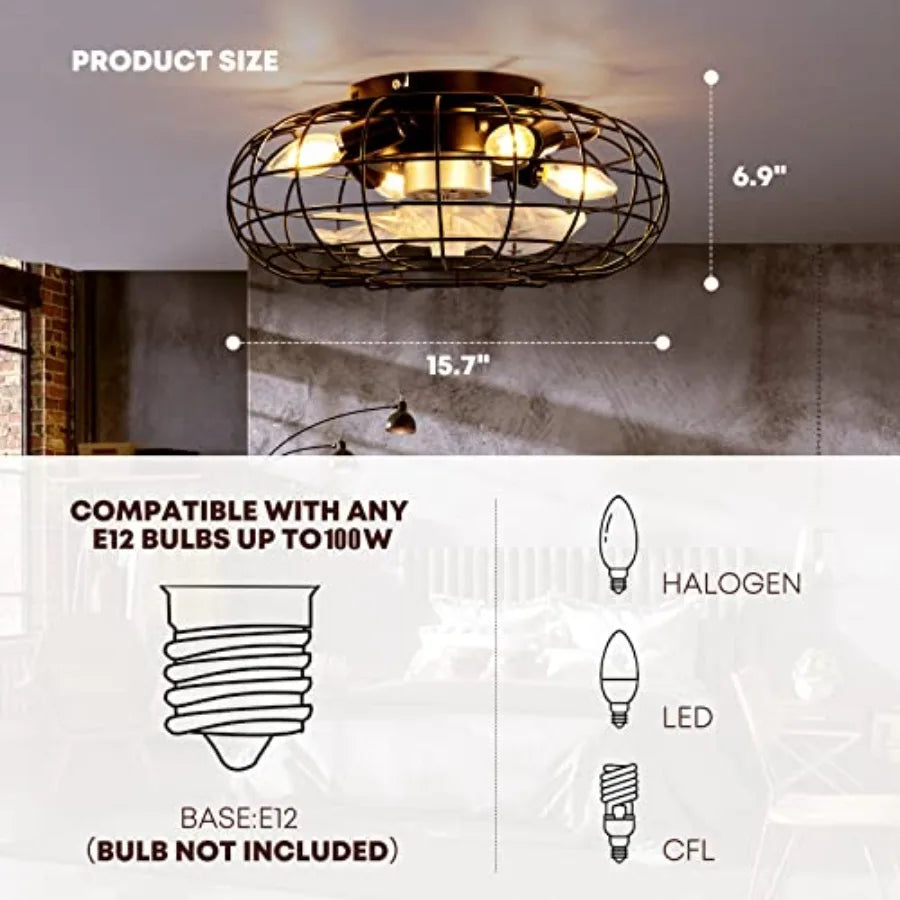 Ceilg Fan with Lights, Caged Ceiling Fan Lights Remote Control Small Industrial Ceiling Fan Light Fixture Flush Mount Farmhouse