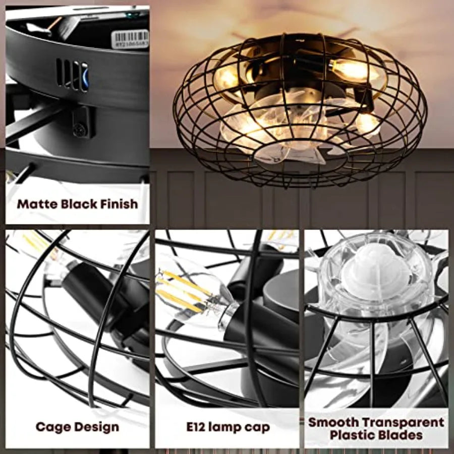 Ceilg Fan with Lights, Caged Ceiling Fan Lights Remote Control Small Industrial Ceiling Fan Light Fixture Flush Mount Farmhouse