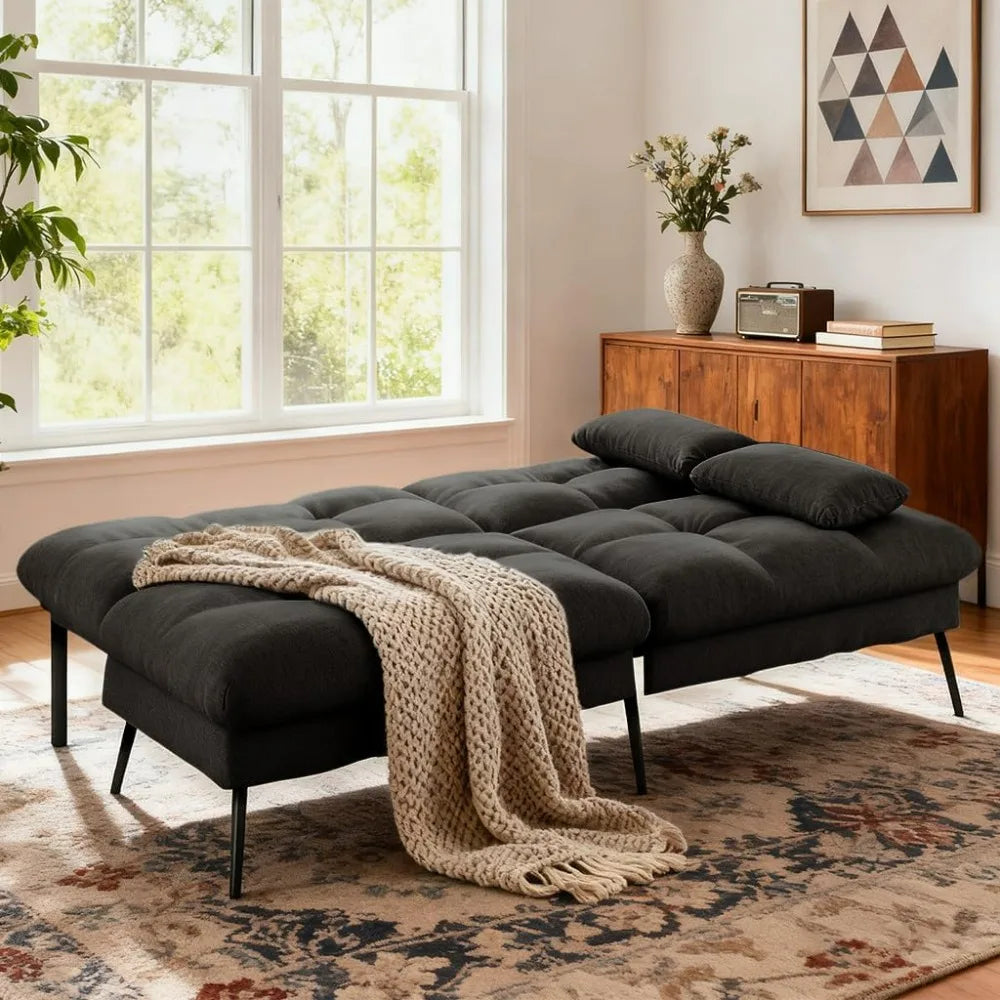 72 Inch COMHOMA Futon Sofa Bed - Fabric Convertible Couch Adjustable Backrest Folding Sleeper Recliner for Living Room Black