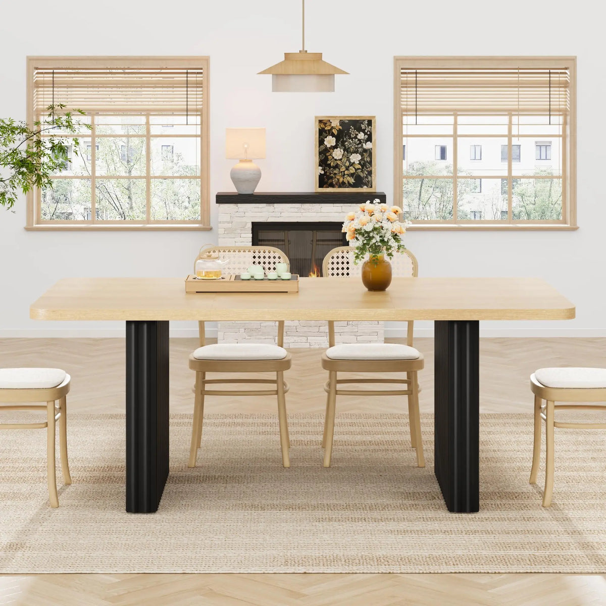 71 Inch Industrial Dining Table For 6-8, Farmhouse Rectangular Kitchen Table With Rustic Wood Top And Black Fluted Metal Legs