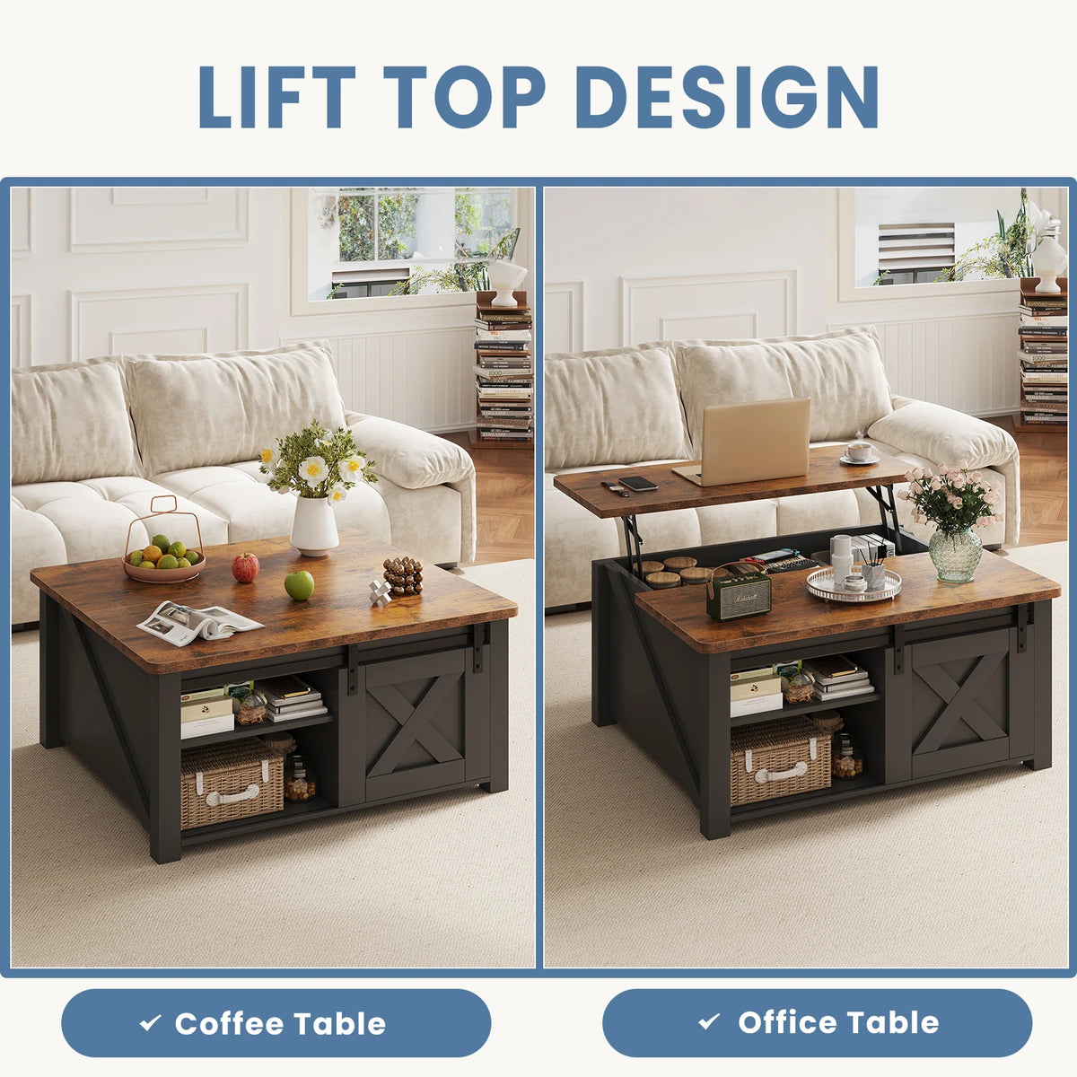 Mcq Wood Lift Top Square Coffee Table With Adjustable Storage