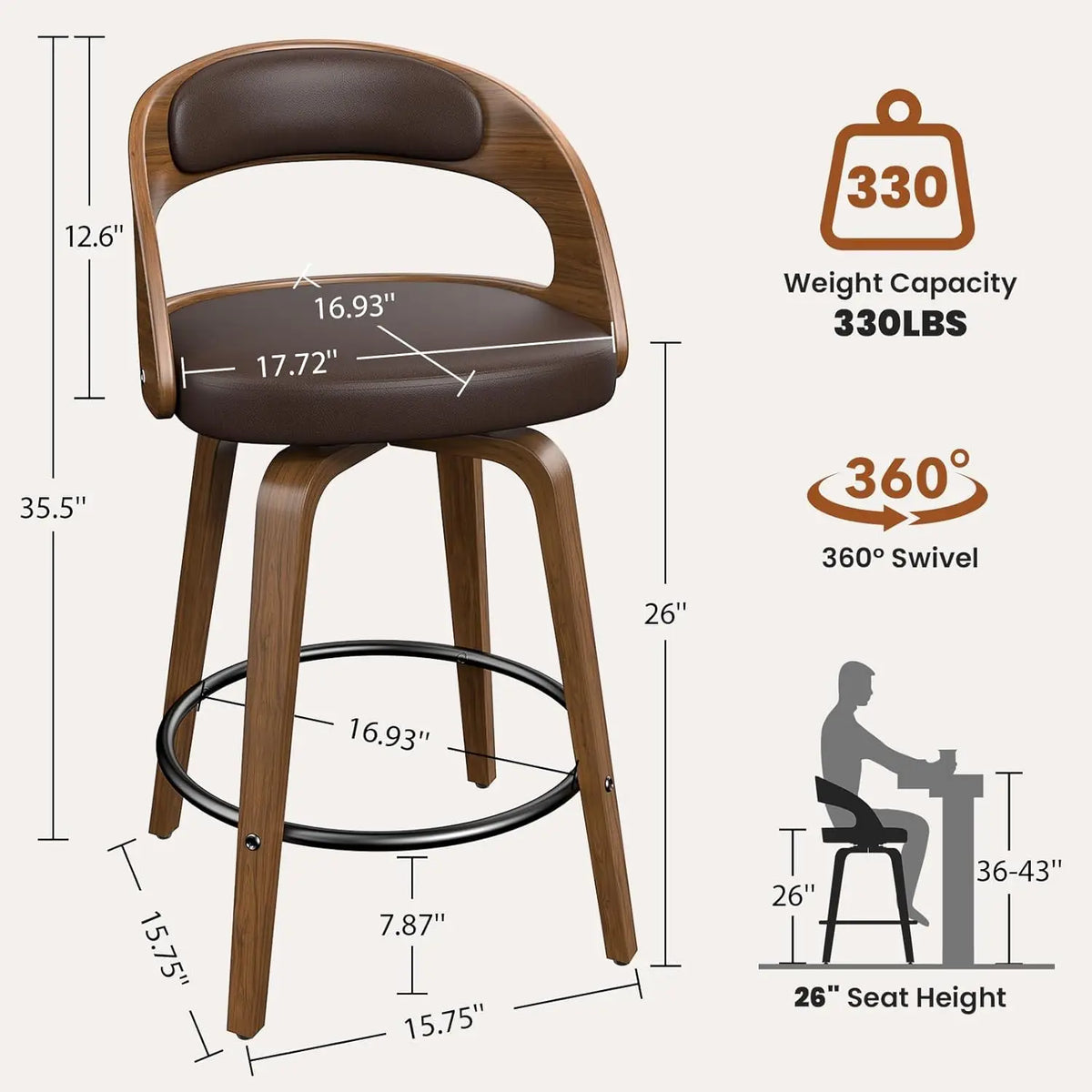 26in Bentwood Counter Stools Set 3 PU Leather Swivel Bar Chair with Back Footrest Kitchen Cafe Dining, Custom