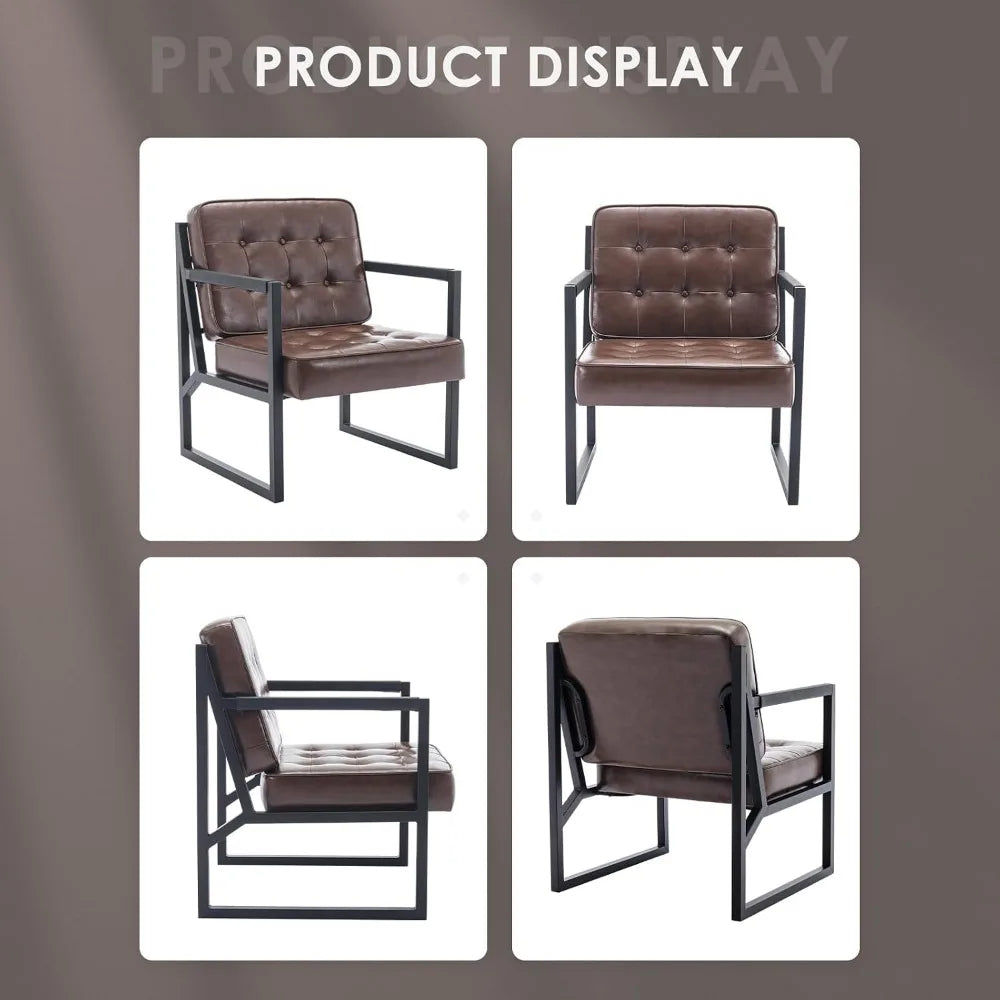 Mid Century Modern Accent Chair, Comfortable Brown Leather, Metal Legs for Various Rooms