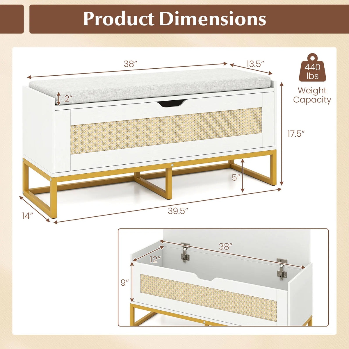 39. 5” Rattan Storage Chest w/ Padded Seat, Flip-Top and Safety Hinges for Bedroom