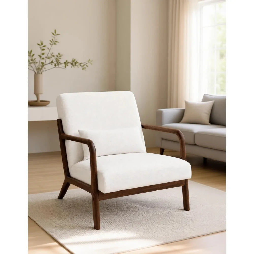 Mid-Century Chenille Accent Chair: Cozy Reading, Modern Lounge, Lumbar Pillow, Solid Wood Frame, Beige