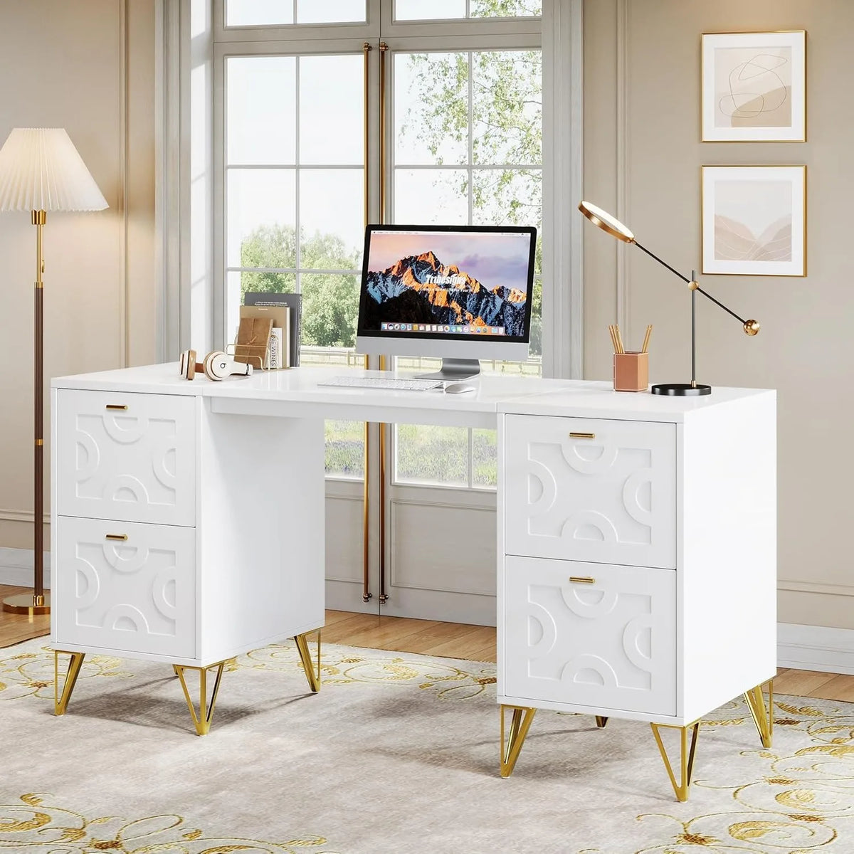 White Luxury Executive Desk 59 with Four File Drawers Modern Gold Trim Elegant Office Table for Home Study