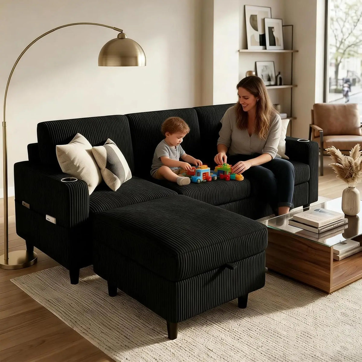 Convertible Sectional Sofa With Storage Ottoman And Cup Holders