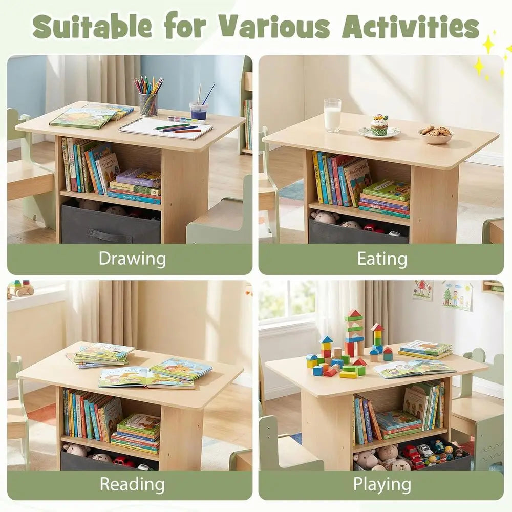 Wooden Kids Table and Chairs with abric Der | Toddler Activity Desk Set w/ 2 Open Comparents & Spacious Desktop, Indoor Children