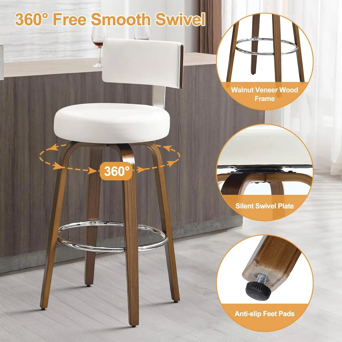 Swivel Counter Stools Set 3 Faux Leather Kitchen Barstool with Back Walnut Wood Legs 26" Seat White, Custom